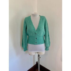 VTG 90s y2k Green Knit Cropped Sweater Mutton Sleeves Cable Argyle Cardigan Med